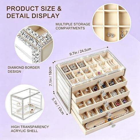 Jewelry Organizer, Large 5-Layer Women's Jewelry Box, Clear Acrylic Display & Storage Box with Resin Diamond, Ideal for Earrings, Necklaces, Bracelets & Rings (5-Drawer) in Saudi Arabia