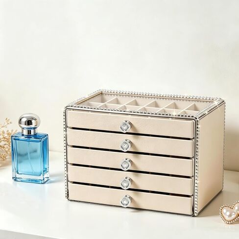 Jewelry Organizer, Large 5-Layer Women's Jewelry Box, Clear Acrylic Display & Storage Box with Resin Diamond, Ideal for Earrings, Necklaces, Bracelets & Rings (5-Drawer) in Saudi Arabia