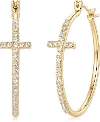 Gold Cross Earrings for Women 14K Gold Hoop Earrings Shining Trendy with Cubic Zirconia Mix of Style and Personality Large CZ Hoops Earring 30/35/40mm in Saudi Arabia