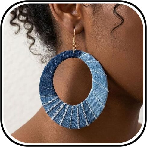 Denim Hoop Earrings for Women Blue Jean Fabric Wrapped Large Hoop Dangle Earrings Chunky Boho Statement Jewelry for Country Concert Western Outfits Summer Festival in Saudi Arabia