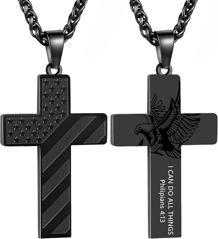 Black Cross Necklace for Men Women Teens, 316L Stainless Steel Bible Verse American Flag & Eagle Pendant 20+2in Thick Wheat Chain, Christian Religious Baptism Graduation Gifts Prayer in Saudi Arabia