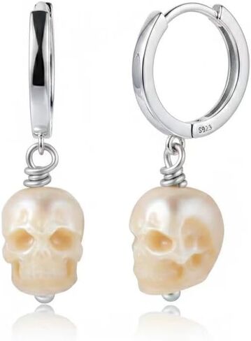 Dainty Skull Pearl Huggie Hoop Earrings, Hand-Carved Freshwater Pearl Skull Dangle Earrings, 925 Sterling Silver Rhodium Plated Gothic Hoop Earrings for Women in Saudi Arabia