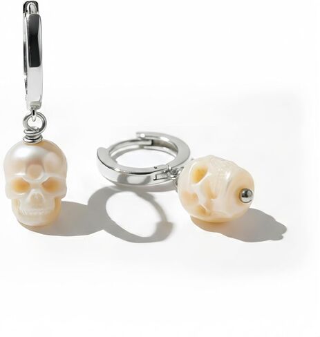 Dainty Skull Pearl Huggie Hoop Earrings, Hand-Carved Freshwater Pearl Skull Dangle Earrings, 925 Sterling Silver Rhodium Plated Gothic Hoop Earrings for Women in Saudi Arabia