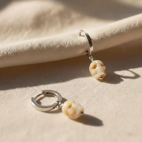 Dainty Skull Pearl Huggie Hoop Earrings, Hand-Carved Freshwater Pearl Skull Dangle Earrings, 925 Sterling Silver Rhodium Plated Gothic Hoop Earrings for Women in Saudi Arabia