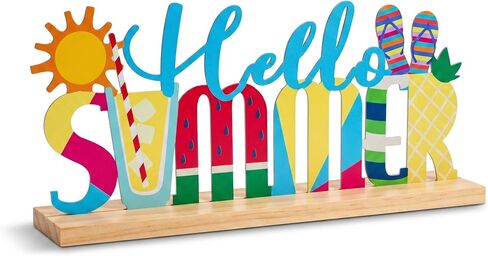 FESTGLOX Hello Summer Decor Metal Tabletop Sign with Wood Base, Colorful Summer Decorations for Office, Home, Mantel, Shelf, Watermelon Pineapple Beach Theme Tiered Tray Decor in Saudi Arabia