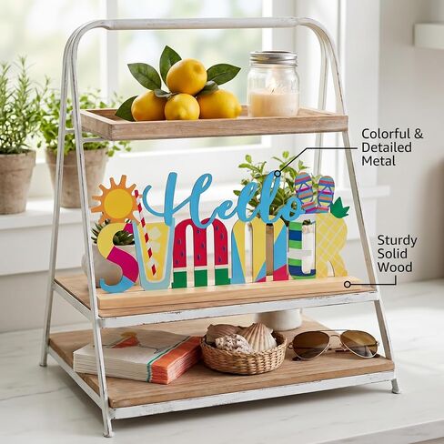 FESTGLOX Hello Summer Decor Metal Tabletop Sign with Wood Base, Colorful Summer Decorations for Office, Home, Mantel, Shelf, Watermelon Pineapple Beach Theme Tiered Tray Decor in Saudi Arabia