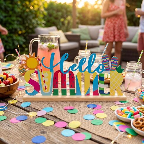FESTGLOX Hello Summer Decor Metal Tabletop Sign with Wood Base, Colorful Summer Decorations for Office, Home, Mantel, Shelf, Watermelon Pineapple Beach Theme Tiered Tray Decor in Saudi Arabia