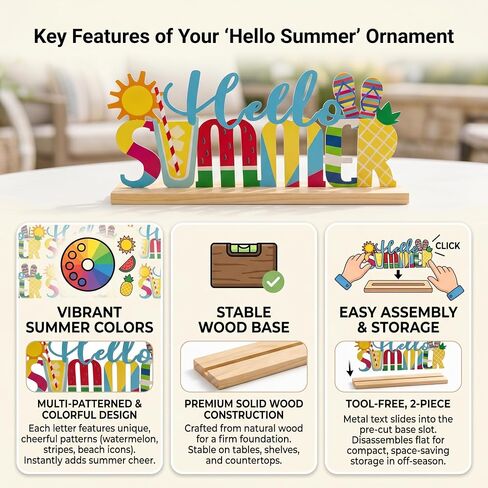 FESTGLOX Hello Summer Decor Metal Tabletop Sign with Wood Base, Colorful Summer Decorations for Office, Home, Mantel, Shelf, Watermelon Pineapple Beach Theme Tiered Tray Decor in Saudi Arabia