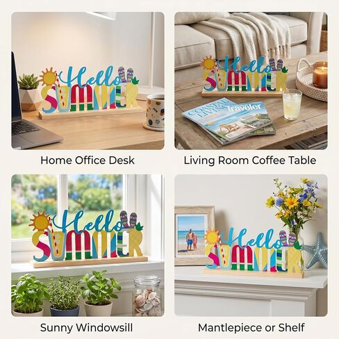FESTGLOX Hello Summer Decor Metal Tabletop Sign with Wood Base, Colorful Summer Decorations for Office, Home, Mantel, Shelf, Watermelon Pineapple Beach Theme Tiered Tray Decor in Saudi Arabia