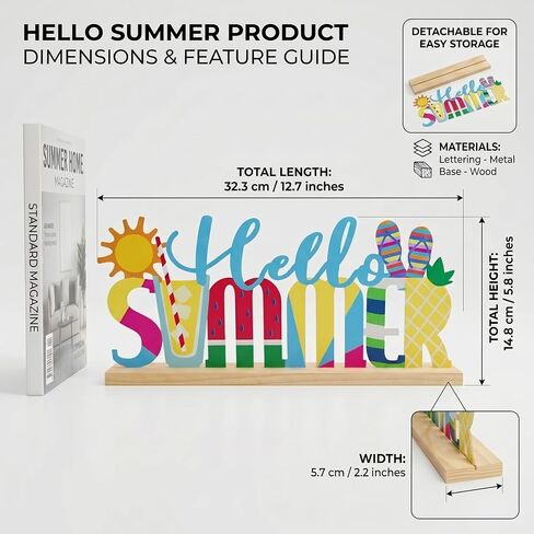FESTGLOX Hello Summer Decor Metal Tabletop Sign with Wood Base, Colorful Summer Decorations for Office, Home, Mantel, Shelf, Watermelon Pineapple Beach Theme Tiered Tray Decor in Saudi Arabia
