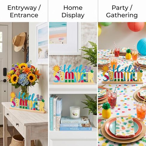 FESTGLOX Hello Summer Decor Metal Tabletop Sign with Wood Base, Colorful Summer Decorations for Office, Home, Mantel, Shelf, Watermelon Pineapple Beach Theme Tiered Tray Decor in Saudi Arabia