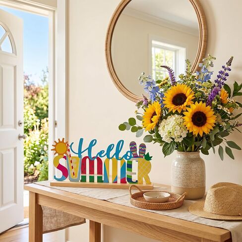 FESTGLOX Hello Summer Decor Metal Tabletop Sign with Wood Base, Colorful Summer Decorations for Office, Home, Mantel, Shelf, Watermelon Pineapple Beach Theme Tiered Tray Decor in Saudi Arabia
