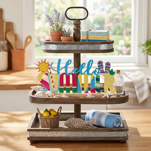 FESTGLOX Hello Summer Decor Metal Tabletop Sign with Wood Base, Colorful Summer Decorations for Office, Home, Mantel, Shelf, Watermelon Pineapple Beach Theme Tiered Tray Decor in Saudi Arabia