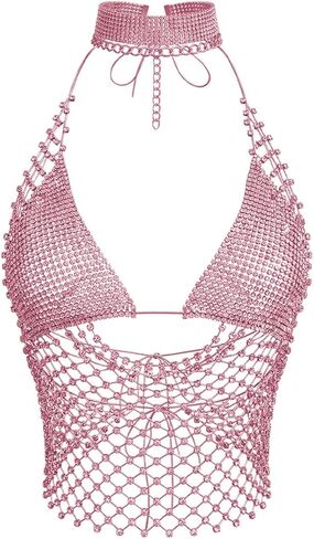 SweatyRocks Women's Rhinestone Fishnet Crop Halter Top Sexy Backless Cowl Neck Club Party Tops in Saudi Arabia