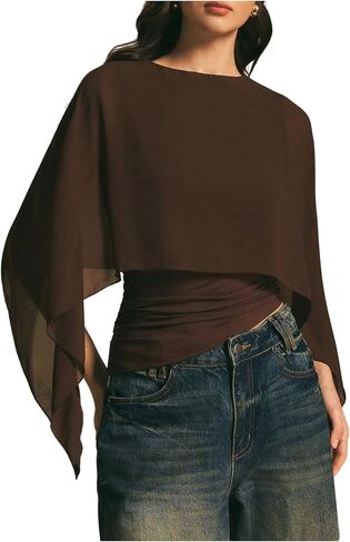 MakeMeChic Women's Asymmetrical Crop Tops Dressy Blouse Chiffon Mesh Sheer Summer Going Out Tops in Saudi Arabia