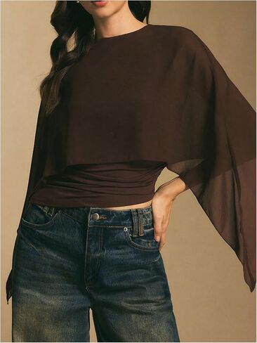 MakeMeChic Women's Asymmetrical Crop Tops Dressy Blouse Chiffon Mesh Sheer Summer Going Out Tops in Saudi Arabia