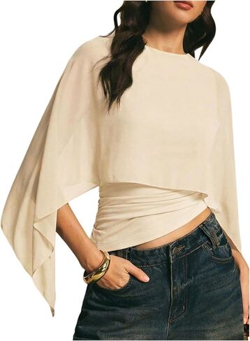 MakeMeChic Women's Asymmetrical Crop Tops Dressy Blouse Chiffon Mesh Sheer Summer Going Out Tops in Saudi Arabia