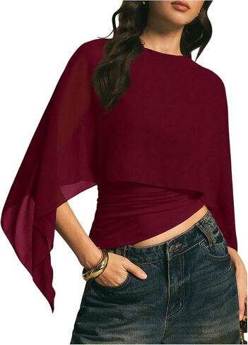 MakeMeChic Women's Asymmetrical Crop Tops Dressy Blouse Chiffon Mesh Sheer Summer Going Out Tops in Saudi Arabia
