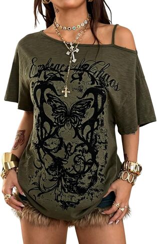 SOLY HUX Women's Off The Shoulder Tops Y2K Gothic Graphic Tees Grunge Vintage Oversized T-Shirts Streetwear in Saudi Arabia