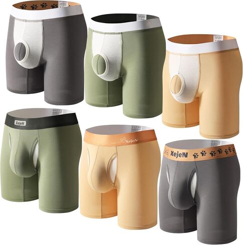 Men's Dual Pouch Underwear 6 Pack, Long Leg Boxer Briefs with Open Fly, Elephant Trunk Pouch Support in Saudi Arabia