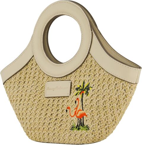 Tommy Bahama Mini Tote Bag, Women's Travel Handbag with Adjustable Shoulder Strap, Embroidered Flamingo and Palm Tree Design, Cream, One Size in Kuwait