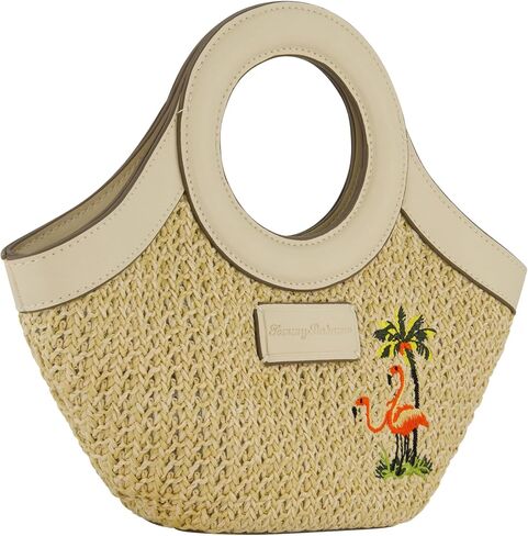 Tommy Bahama Mini Tote Bag, Women's Travel Handbag with Adjustable Shoulder Strap, Embroidered Flamingo and Palm Tree Design, Cream, One Size in Kuwait