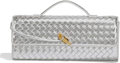 Evening Woven Handbag for Women Casual Fashion Crossbody Bags Vegan Leather Shoulder Handbag for Cocktail Party, Work (Silver) in Saudi Arabia