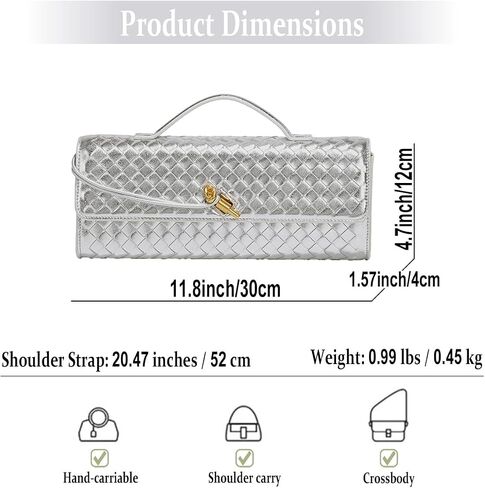 Evening Woven Handbag for Women Casual Fashion Crossbody Bags Vegan Leather Shoulder Handbag for Cocktail Party, Work (Silver) in Saudi Arabia