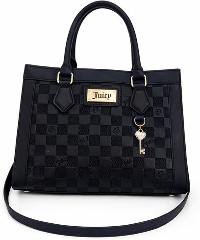 Juicy Couture Miss Independent Tote Bag with Crossbody Strap, Checkerboard, Black, 12x9.5x4 Inches, with Charm in Saudi Arabia