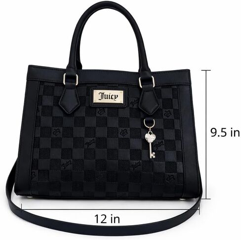 Juicy Couture Miss Independent Tote Bag with Crossbody Strap, Checkerboard, Black, 12x9.5x4 Inches, with Charm in Saudi Arabia