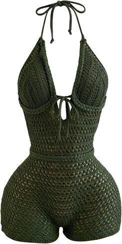 GORGLITTER Women's Crochet Halter Shorts Bodysuit Backless Sleeveless V Neck Rompers Open Back One Piece Jumpsuit Unitard in Kuwait