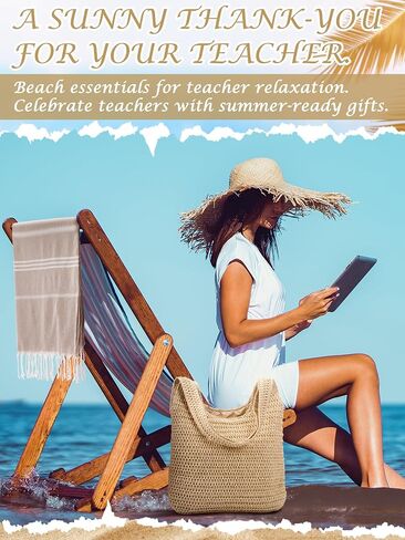 Hahafelt 2 Pcs End of Year Teacher Appreciation Gifts Crochet Tote Bag and Turkish Beach Towel for Women Teacher Summer Vacation Gift Beach Mesh Tote Bag Aesthetic Boho Pool Towel Travel Essentials in Kuwait