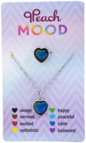 Cute Temperature Sensing Mood Necklace Ring Set Cute Cat Unicorn Round Love Heart Shape Color Changing Necklace Open Rings Emotion Feeling Mood Jewelries for Couples BFF Friendship Jewelry Gifts in Kuwait