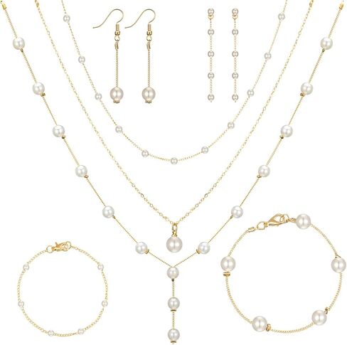 9 Pcs Gold Pearl Jewelry Set for Women Statement Layered Pearl Necklace Dainty Stack Link Bracelet Boho Dangle Drop Earrings Wedding Prom Bridal Jewelry Accessories in Saudi Arabia