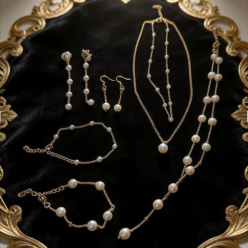 9 Pcs Gold Pearl Jewelry Set for Women Statement Layered Pearl Necklace Dainty Stack Link Bracelet Boho Dangle Drop Earrings Wedding Prom Bridal Jewelry Accessories in Saudi Arabia