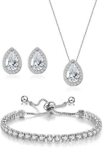 Teardrop Cubic Zirconia Bridal Jewelry Set for Women – Earrings Necklace Bracelet Set – Wedding Prom Party Jewelry Gift for Bride Bridesmaids in Saudi Arabia