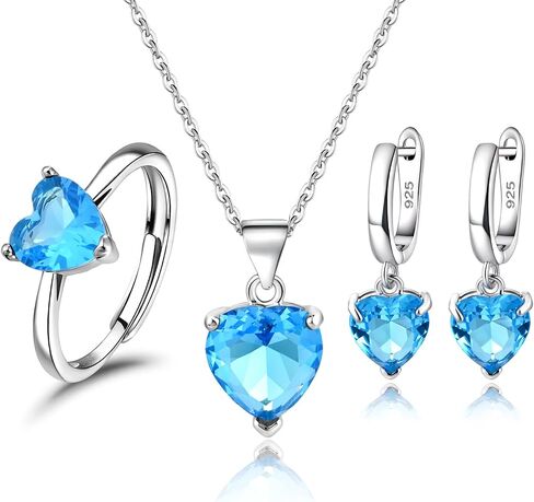 925 Silver Heart shaped Aquamarine Jewelry Set for Women Necklace Earrings Ring 3 Piece Gift Set for Mom Wife Girlfriend Pendant Jewelry for Daily Wear Birthday Gift in Kuwait