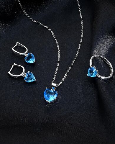 925 Silver Heart shaped Aquamarine Jewelry Set for Women Necklace Earrings Ring 3 Piece Gift Set for Mom Wife Girlfriend Pendant Jewelry for Daily Wear Birthday Gift in Kuwait