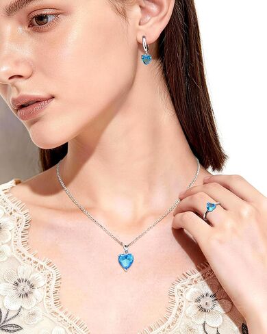 925 Silver Heart shaped Aquamarine Jewelry Set for Women Necklace Earrings Ring 3 Piece Gift Set for Mom Wife Girlfriend Pendant Jewelry for Daily Wear Birthday Gift in Kuwait