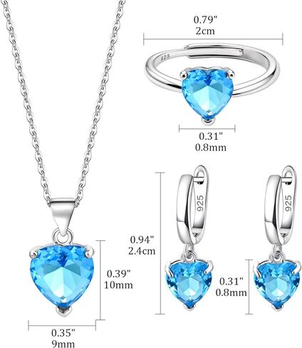 925 Silver Heart shaped Aquamarine Jewelry Set for Women Necklace Earrings Ring 3 Piece Gift Set for Mom Wife Girlfriend Pendant Jewelry for Daily Wear Birthday Gift in Kuwait