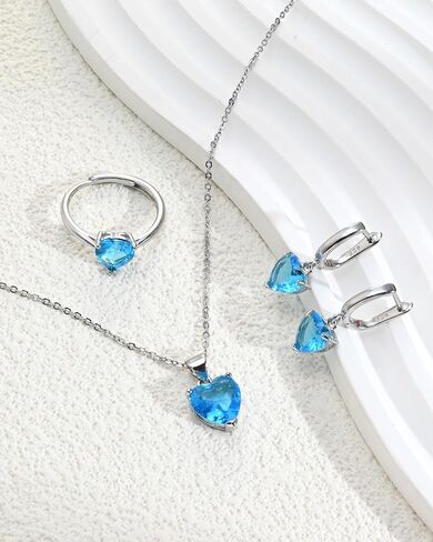 925 Silver Heart shaped Aquamarine Jewelry Set for Women Necklace Earrings Ring 3 Piece Gift Set for Mom Wife Girlfriend Pendant Jewelry for Daily Wear Birthday Gift in Kuwait