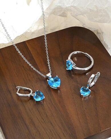 925 Silver Heart shaped Aquamarine Jewelry Set for Women Necklace Earrings Ring 3 Piece Gift Set for Mom Wife Girlfriend Pendant Jewelry for Daily Wear Birthday Gift in Kuwait