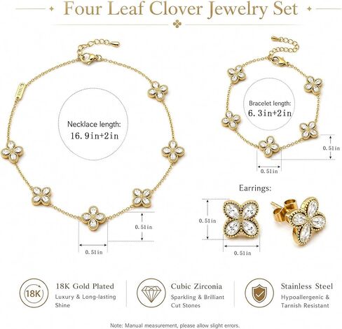 Gold Necklaces Bracelets Earring Set - 18K Gold Plated Flower Bracelet Chain,Stainless Steel Non Tarnish Floral Pendant Stud Jewelry Sets,Christmas Birthday Lucky Gift for Mom Wife Daughter Girlfriend in Saudi Arabia