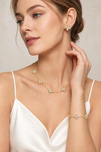 Gold Necklaces Bracelets Earring Set - 18K Gold Plated Flower Bracelet Chain,Stainless Steel Non Tarnish Floral Pendant Stud Jewelry Sets,Christmas Birthday Lucky Gift for Mom Wife Daughter Girlfriend in Saudi Arabia