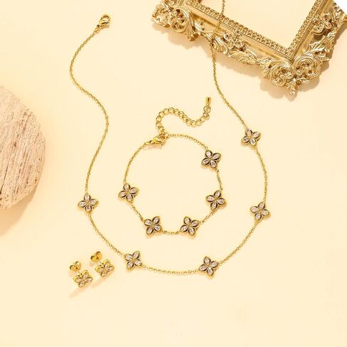 Gold Necklaces Bracelets Earring Set - 18K Gold Plated Flower Bracelet Chain,Stainless Steel Non Tarnish Floral Pendant Stud Jewelry Sets,Christmas Birthday Lucky Gift for Mom Wife Daughter Girlfriend in Saudi Arabia