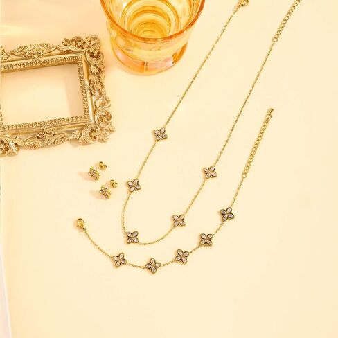 Gold Necklaces Bracelets Earring Set - 18K Gold Plated Flower Bracelet Chain,Stainless Steel Non Tarnish Floral Pendant Stud Jewelry Sets,Christmas Birthday Lucky Gift for Mom Wife Daughter Girlfriend in Saudi Arabia