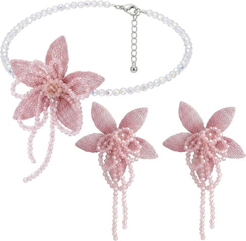 Statement Mesh Flower Earrings Choker for Women Summer Spring Pink Vintage Fashion Beaded Crystal Floral Stud Necklace for Beach Party Wedding in Saudi Arabia