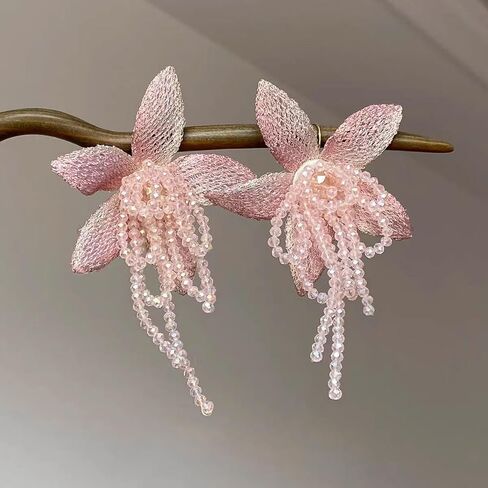 Statement Mesh Flower Earrings Choker for Women Summer Spring Pink Vintage Fashion Beaded Crystal Floral Stud Necklace for Beach Party Wedding in Saudi Arabia