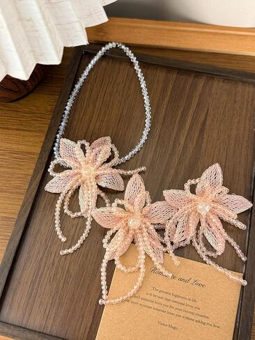 Statement Mesh Flower Earrings Choker for Women Summer Spring Pink Vintage Fashion Beaded Crystal Floral Stud Necklace for Beach Party Wedding in Saudi Arabia