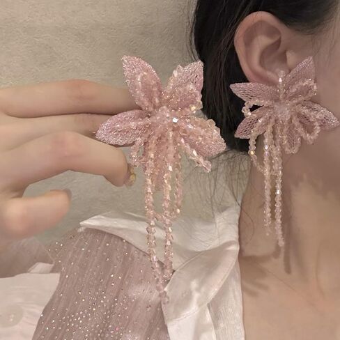 Statement Mesh Flower Earrings Choker for Women Summer Spring Pink Vintage Fashion Beaded Crystal Floral Stud Necklace for Beach Party Wedding in Saudi Arabia